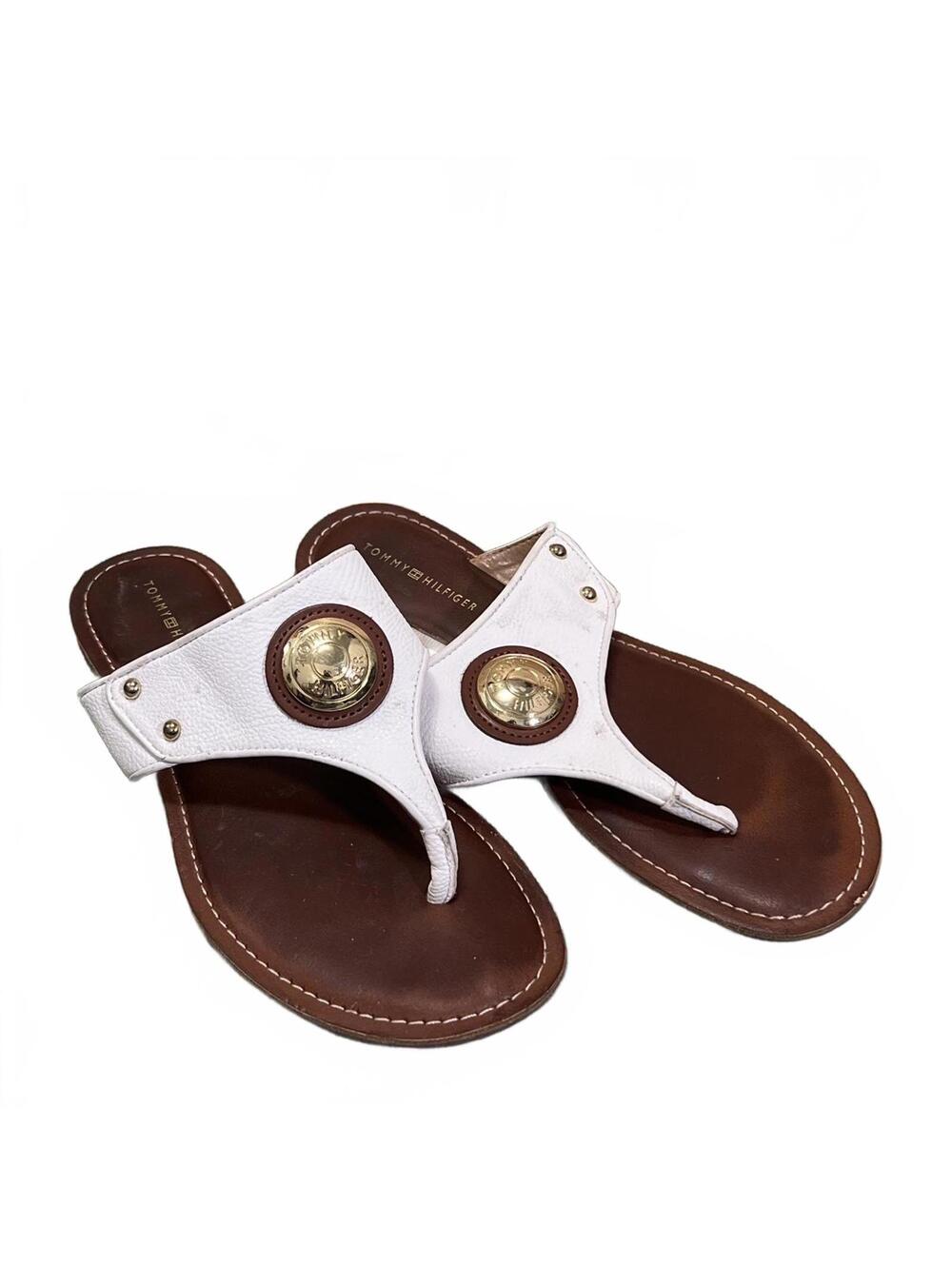 Tommy Hilfiger Womens Brown Size 8 White Leather Sandals Gold Medallion